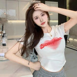 Fongt Letter Print T-Shirt Women's Summer 2024 New Ins Slim Short Design Sense Niche Short-Sleeved