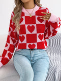 Fongt Autumn And Winter Lattice Love Lantern Sleeve Sweater Valentine's Day Women's Clothing