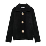 Fongt Explosive Women's Artificial Fur Belt Flower Button Knitted Cardigan