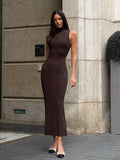Fongt Temperament Elegant Tight Mid-Dress Lady High-Neckless Sleeveless Ass Sexy 2024 Summer