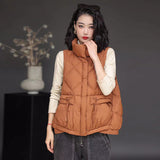 White Duck Down Down Vest Female 2024 Light Standing Collar Design Sense Draw Rope Warm Vest Wearing Casual Vest-Outfit