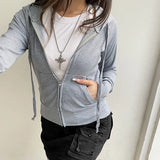 Solid Color Rib Hooded Hoodie 2024 Autumn New Zipper Pocket Splicing Jacket-Outfit