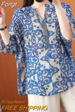 Vintage Printing V-neck Loose Women's Clothing 2023 New Chic Korean New Style Simple Diamonds Half Sleeve Blouses