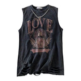 Grunge Foral Logo Oversized Ripped Tank Top-Outfit