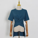 Casual Ruched Irregular T Shirt For Women O Neck Short Sleeve Solid T Shirts Females Summer Fashion 2021