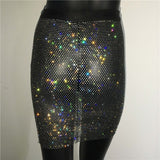 Women Solid Empire Hollow Out Slim Above Knee Skirts Shiny Rhinestone Fishnet Grid See Through Bodycon Package Hip Mini