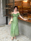 Fongt Xixi 2025 Summer New High-Waisted Print Temperament Shoulder Lotus Leaf Side Dress High-End Dress 88360