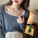 Fongt Versatile Top Retro Square-Neck Long-Sleeve Undershirt With White Loose Sweater Six Wool Sweater-Outfit