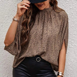 Vintage Leopard Print Shirt Elegant Summer Blouse Lace-Up Batwing Short Sleeve Loose Casual Stand Collar Fashion Tops