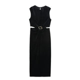 Fongt Women's Clothing 2025 New Elegant Sleeveless Buckle Embellishable Velvet Fande Dress