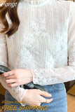 Spring Embroidery Flowers Blouses Stand Collar Long Sleeve Women Tops Loose White Elegant Lace Blouse Ladies Shirts