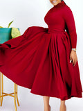 Fongt Women's New Fashion High-Neck Elegant Nail Beads Big Swing Dress Waist African Dress