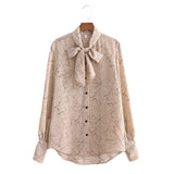 Women Oversized Flowers Print Bow Neck Chiffon Shirt Long Sleeve Chic Female Casual Loose Shirt
