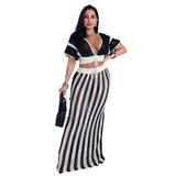Fongt Knitted Suit Woman Sexy V-Necked Leaf Sleeve Top + Striped Ass Skirt Two