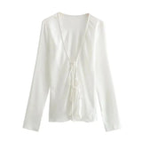 Fongt 2024 New Women's Loose Bow Trim Silk Satin Texture Shirt Women 2183331-Outfit