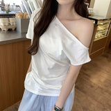 Seam Forked Irregular Shoulder Short-Sleeved T-Shirt Women's New Summer Design Feel Minority Lazy Style Beautiful