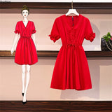 New Short Sleeve Women's Dress Large Size Stitching Fashion Tops V-neck Draw Back Cotton Korean Summer