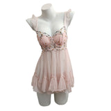 Fongt New Summer Pure Breast With Chest Pad Lace Embroidery Slings Sexy Mesh Homewear Set