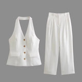 New Autumn Style Wide-Leg Trousers Suit With Bare Back And Collar Vest And Pleated Legs-Outfit