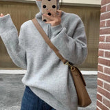 Women Rib Knitting Open Zipper Lapel Sweater 2021 Autumn Vintage Pullover Knitwear Long Sleeve Retro Ladies Knit Jumper
