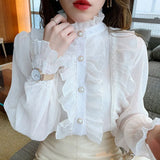 Ruffle Lace Chiffon Shirt Elegant Sweet Chic Long Puff Sleeve Women Blouse Apricot Tops Stand Collar Clothes Blusas