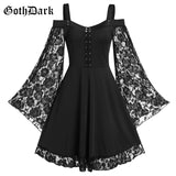 Dark Gothic Aesthetic Vintage Women Autumn Dresses Grunge Lace Patchwork Flare Sleeve Black A-line Dress Punk