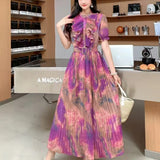 Fongt Design Wood-Like Ear-Side Bubble-Sleeved Dress Women's Waist Thin Temperament Print 100-Fold French Holiday Dress
