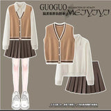 Fongt Autumn College Style Retro Vest Three-Piece Suit Female High-Waisted Half-Dress Long-Sleeved Shirt Top
