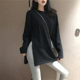 spring Split Side Button White black Long Tshirt O-Neck Women shirts autumn Arrival Vogue Harajuku solid Loose T shirt