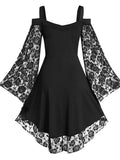 Dark Gothic Aesthetic Vintage Women Autumn Dresses Grunge Lace Patchwork Flare Sleeve Black A-line Dress Punk