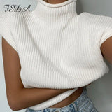Turtleneck Sleeveless Vest Sweater Women 2020 With Shoulder Pads Knitted Pullover Autumn Winter Jumper Casual Tops