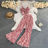 Fongt V-Neck Kink Sling Short Top High Waist Pleated Wide Leg Pants Two-Piece Suit-Outfit