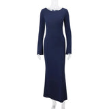Blue Bodycon Long Sleeve Backless Maxi Dress-Outfit