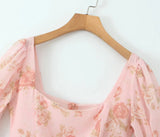 Floral Print Long Puff Sleeve Square Collar Mini Dress-Outfit