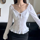 Fairy Solid Color Ruffled Lace Collar Long Sleeve Blouse-Outfit