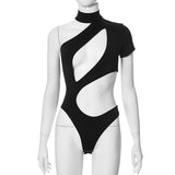 Fongt Women's Summer New Solid Color Sexy Single Sleeve Hollow Out Slim Basic Jumpsuit