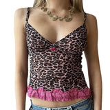 Fongt Hot Girl Wind Lace Splicing Leopard Grain Three-Dimensional Flower Ter V Collar Wood Ear Slim Vest-Outfit