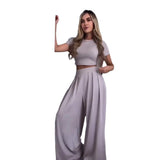 Fongt Summer Women's Round Neck Solid Color Sexy Wide Leg Pants Fashion Casual Suit Woman