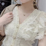 Lace Ruffle Stitching Blouse Women V-neck 2023 Summer New Short Sleeve Tops Crochet Mesh New Chiffon Shirt Blusas