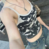 Fongt Abstract Eye Print Patchwork Color Sling Small Vest Hot Girl Slim Short Vacation Top-Outfit