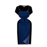 Fongt Two Dresses Women's Korean Version Of The Fashion Round Neck Short Sleeves To Receive Waist Thin Denim Dress 0453