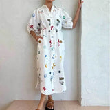 Fongt 2024 Women's New Printed Lapel Long Style Waist Lace Shirt