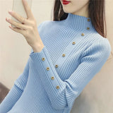 Elegant Turtleneck Women Knitted Pullover Sweater Fashion Autumn Long Sleeve Jumper Button Korean Pink Winter