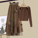 Winter Knitted 2 Piece Sets Women Long Sleeve Knitted Sweater And High Waist Mesh Long Skirts Sets For Women
