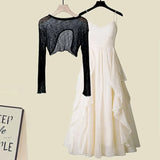 Women Summer Two Pieces Set Korean Knitted Hollow Out Irregular Sunscreen Top And Ruffles Patchwork Chiffon Dress