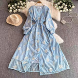 Fongt French Wind And Breeze Floral Dress Women's Autumn Mesh Embroidered Lantern Cuff Strap Design Chic Super Fairy Dress