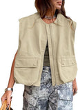 Fongt New Sleeveless Pocket Loose Vest Zipper Coat Woman