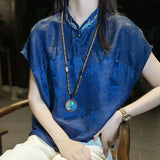 Silk Embroidered Blouse Women's High-Grade Feeling In Summer Imitating Pure Silk Improved Cheongsam Chinese Style Plate Button Printed Blouse-Outfit