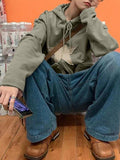 Vintage Star Patch Baggy Zip Up Hoodie-Outfit