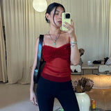 Fongt Desire Wind Sexy Pleated Lace Perspective Feeling Small Sling V Collar Slim Solid Color Bottom Vest Female-Outfit